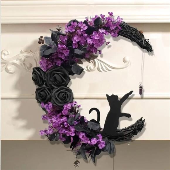 Halloween Wreath for Front Door Halloween Moon Wreath with Mini Black Cat - Picture 5 of 7